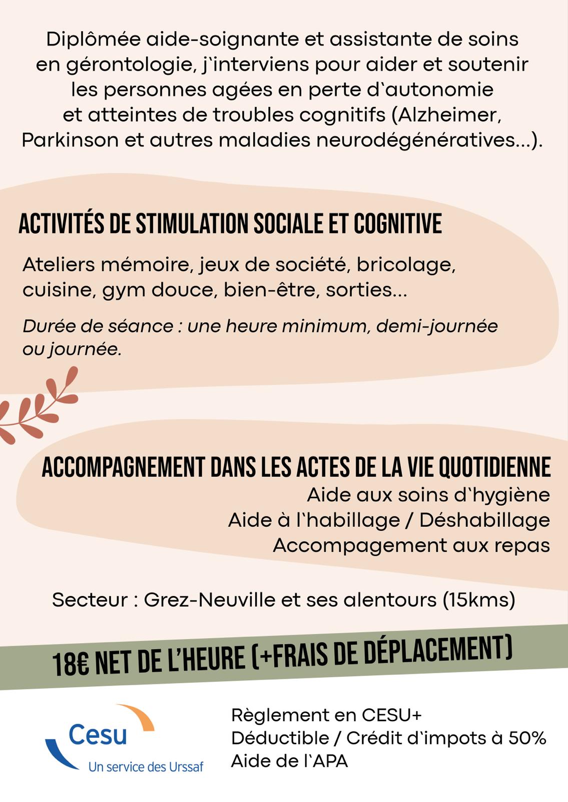 GREZ NEUVILLE / Assistante de Soins en Gérontologie & Aide-Soignante